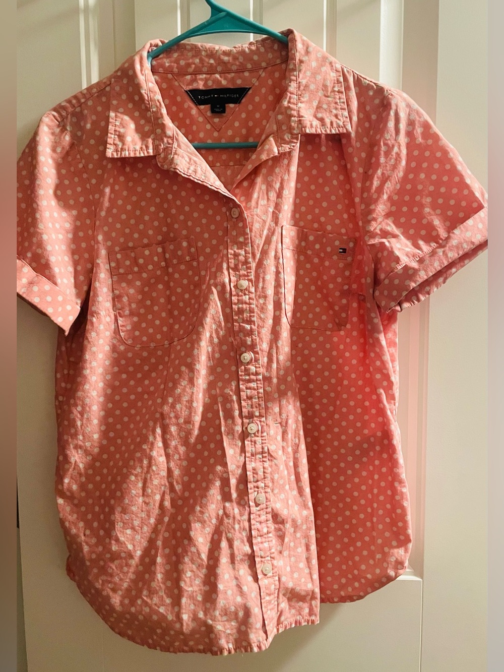 Tommy Hilfiger Pink White Polka Dot Button Down Shirt Women M